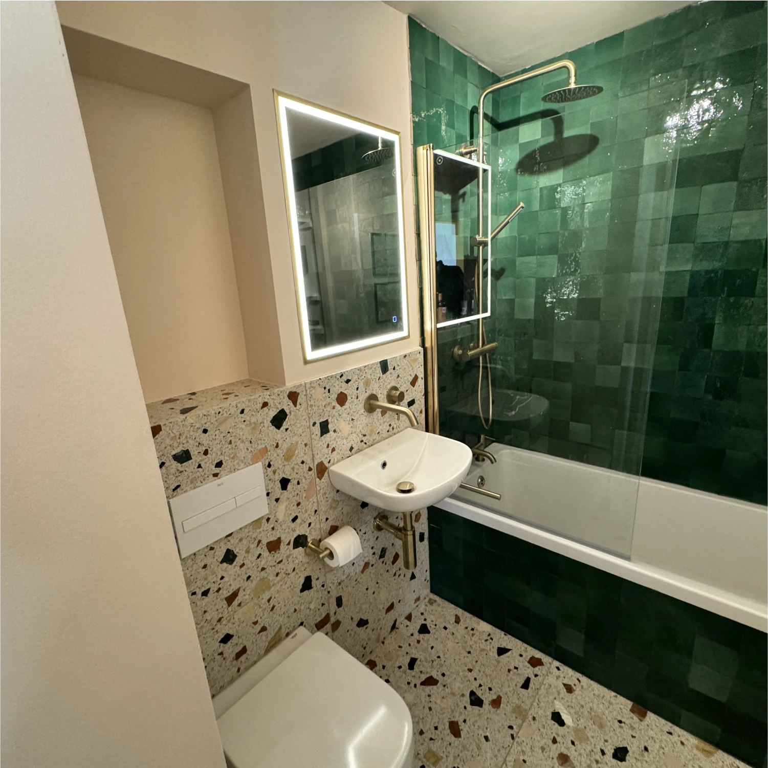 Mirror and basin installation from finished bathroom