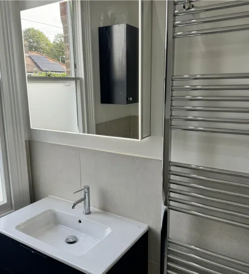 Marble effect tile finish in new bathroom project Marble effect tile finish in new bathroom project